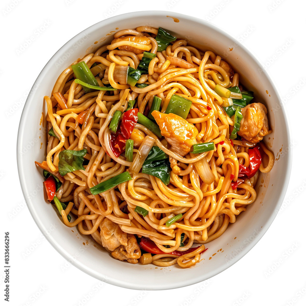 Tasty spicy noodles with chicken on a bowl, isolated on transparent background Tasty spicy noodles with chicken on a bowl, isolated on transparent background
