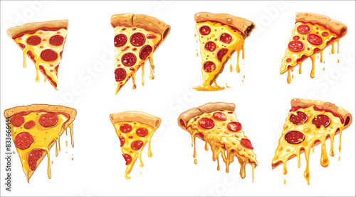 Tasty slice of pepperoni pizza, Slice of pepperoni pizza, Pizza slice with dripping cheese, Pizza slice with melted cheese and pepperoni, Slice of Italian pepperoni pizza on white background 