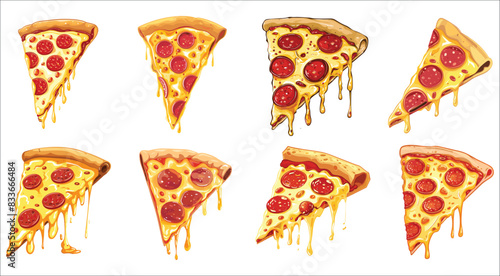 Tasty slice of pepperoni pizza, Slice of pepperoni pizza, Pizza slice with dripping cheese, Pizza slice with melted cheese and pepperoni, Slice of Italian pepperoni pizza on white background 
