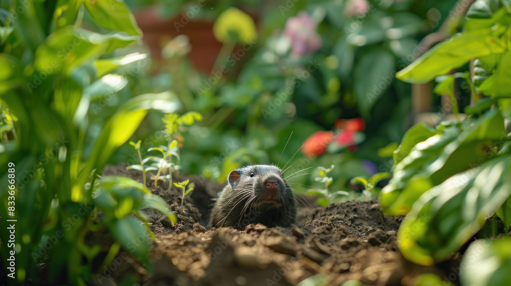 Curious mole poking its head out of a molehill in a backyard garden, framed by lush plants and creating a charming and natural scene. Curious mole poking its head out of a molehill in a backyard garden, framed by lush plants and creating a charming and natural scene.