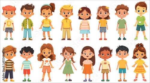 Set of littel boy and girl character in different poses, Cute kids cartoon character with different expressions, Cute children characters, Happy kids cartoon collection, Cartoon kids, Children, Happy