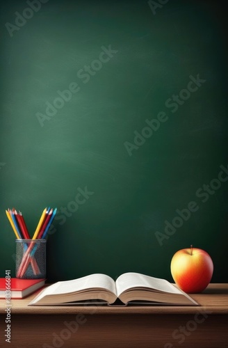 Back to school background with books and apple over blackboard.