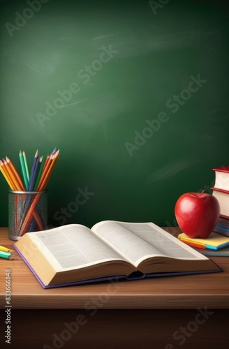 Back to school background with books and apple over blackboard.