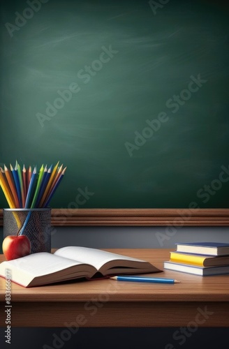 Back to school background with books and apple over blackboard.