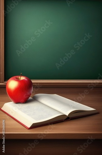 Back to school background with books and apple over blackboard.
