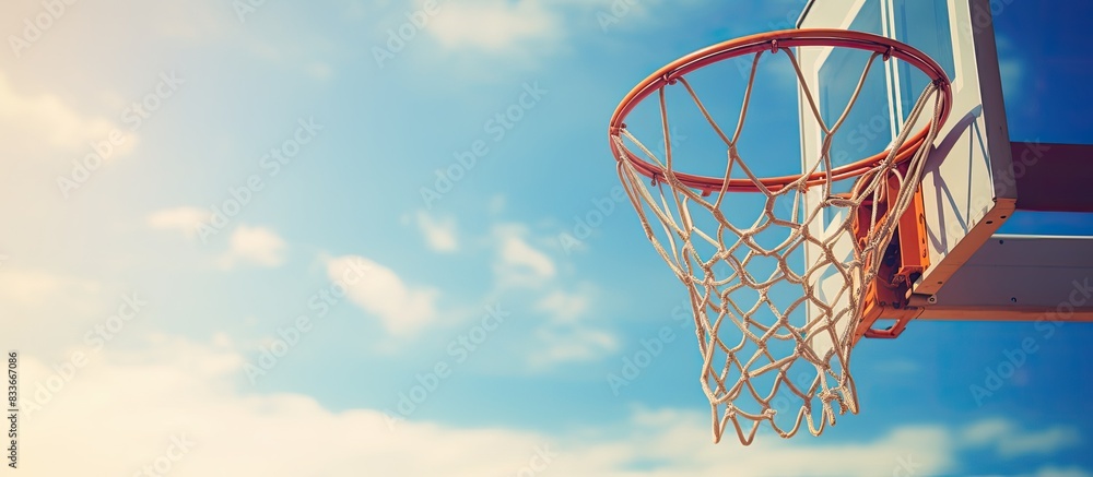Vintage basketball hoop against blue sky with copy space image