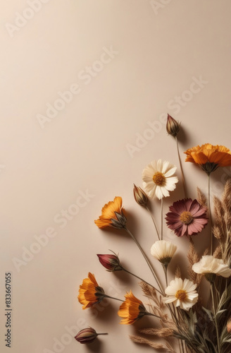 Dried flowers on a beige background. Herbarium