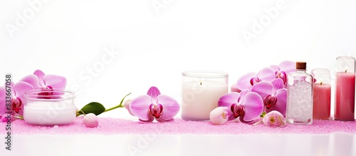 A white background hosts a top view of various spa accessories such as candles towels salt and orchids These elements bring forth images of spa salons therapeutic treatments and indulgent beauty ritu