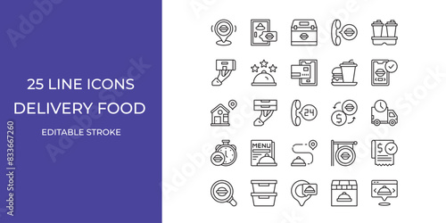 Delivery food icon set vector design illustration stock editable stroke. burger, packaging, truck and more