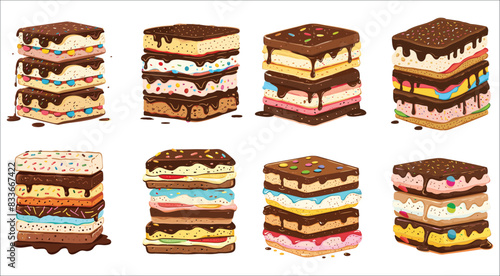 Ice cream sandwich, Vanilla Ice Cream Sandwich, Ice cream sandwich isolated on white background, Set of ice cream sandwich cookie,  Ice cream sandwich wafer, Sweet dessert, Vanilla, sandwich, sweet