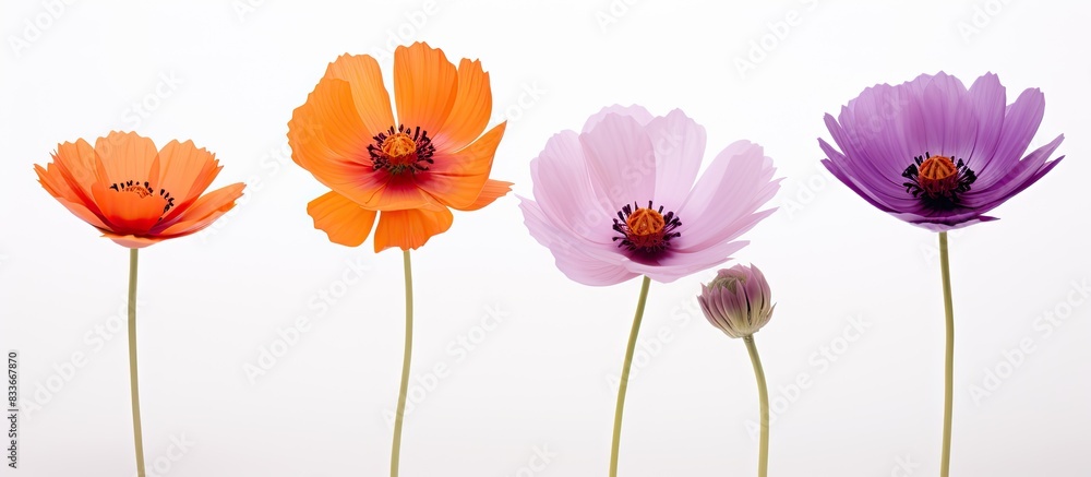 A copy space image featuring three isolated flowers in hues of purple red and orange standing out against a white background A copy space image featuring three isolated flowers in hues of purple red and orange standing out against a white background