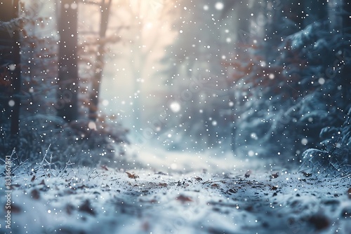Snowflakes gently falling on a winter wonderland, casting a magical spell on the landscape. © crescent