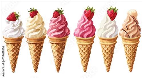 Ice cream cones in a variety flavors, Set of colorful ice cream, Waffle ice cream cones with different flavors, Set of different colorful scoops and waffle cone, Summer ice cream cone, Vanilla