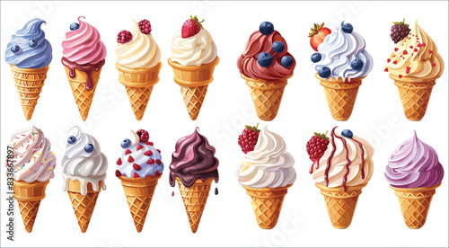Ice cream cones, Set of delicious ice cream in waffle cones, Ice cream cones with different flavors, Set of colorful ice cream cones vector, Set of ice cream, Summer ice cream vector