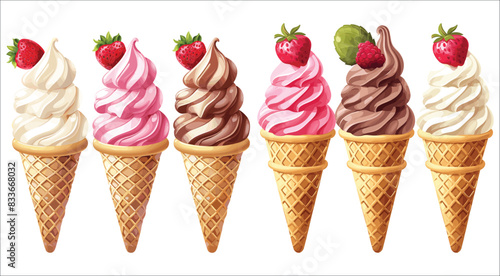 Ice cream cones in a variety flavors, Set of colorful ice cream, Waffle ice cream cones with different flavors, Set of different colorful scoops and waffle cone, Summer ice cream cone, Vanilla