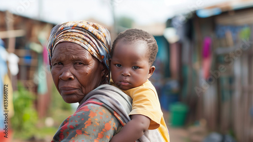 African grandmother carrying her grandchild