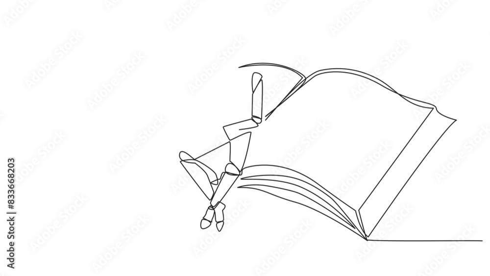 Animation of continuous line drawing smart robot sitting reading on large flying book. Relax reading like on a carpet flying into the sky. Future technology development. Full length motion Animation of continuous line drawing smart robot sitting reading on large flying book. Relax reading like on a carpet flying into the sky. Future technology development. Full length motion