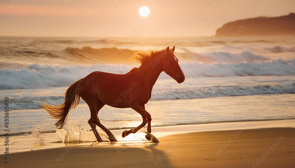 Hors running the the ocean beach at sunset light. Hors running the the ocean beach at sunset light.
