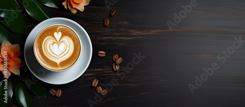 A beautiful coffee latte art with a heart and flower leaf is captured up close on a dark vintage background in a cozy cafe restaurant The image is taken from a top down perspective showing the art on