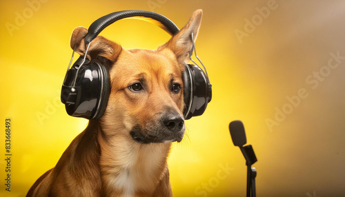 Dog listening to music with headphones on yellow background.