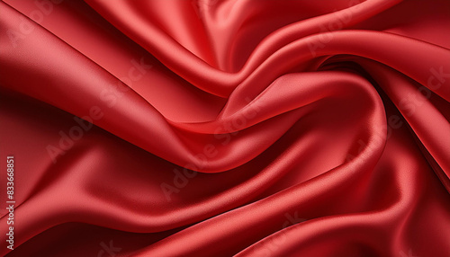 Red silk fabric with folds and small waves .