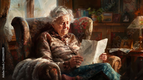 Wallpaper Mural Elderly woman in her favorite armchair, reading a letter with an astonished expression, with personal memorabilia and a warm, inviting background. Torontodigital.ca