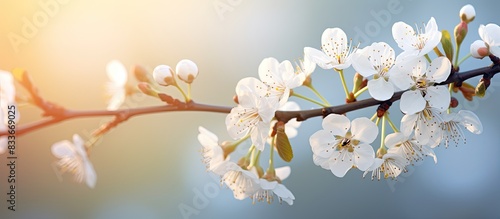 A stunning cherry blossom tree branch in full bloom during the spring season set against a sunlit backdrop with natural colors Ideal for a copy space image