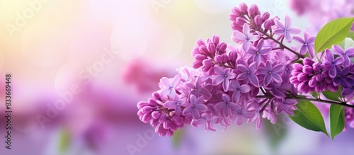 Copy space image of purple lilac flowers blooming in spring on a blurred background