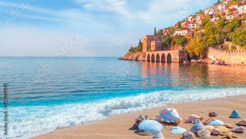 Fototapeta Naklejka Na Ścianę i Meble -  Beautiful sandy beach and soft turqoise Mediterranean sea wave - Landscape of ancient shipyard near of Kizil Kule tower - Alanya peninsula, Turkey
