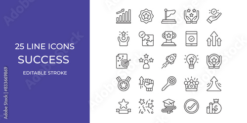 Success icon set vector design illustration stock editable stroke. growth, rocket, strategy and more