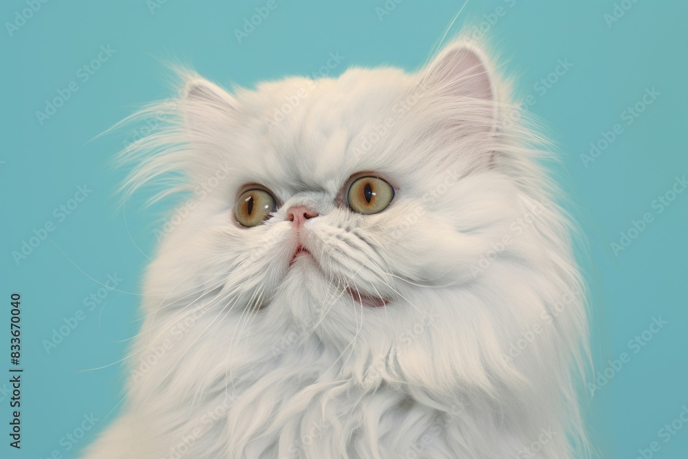 Portrait of a smiling persian cat while standing against pastel blue background Portrait of a smiling persian cat while standing against pastel blue background