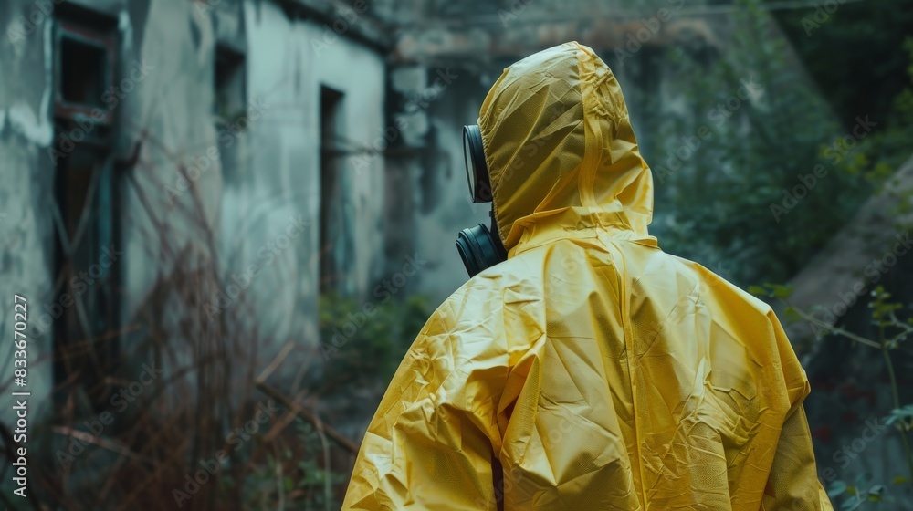 A person wearing a biological protection suit against a biological threat.