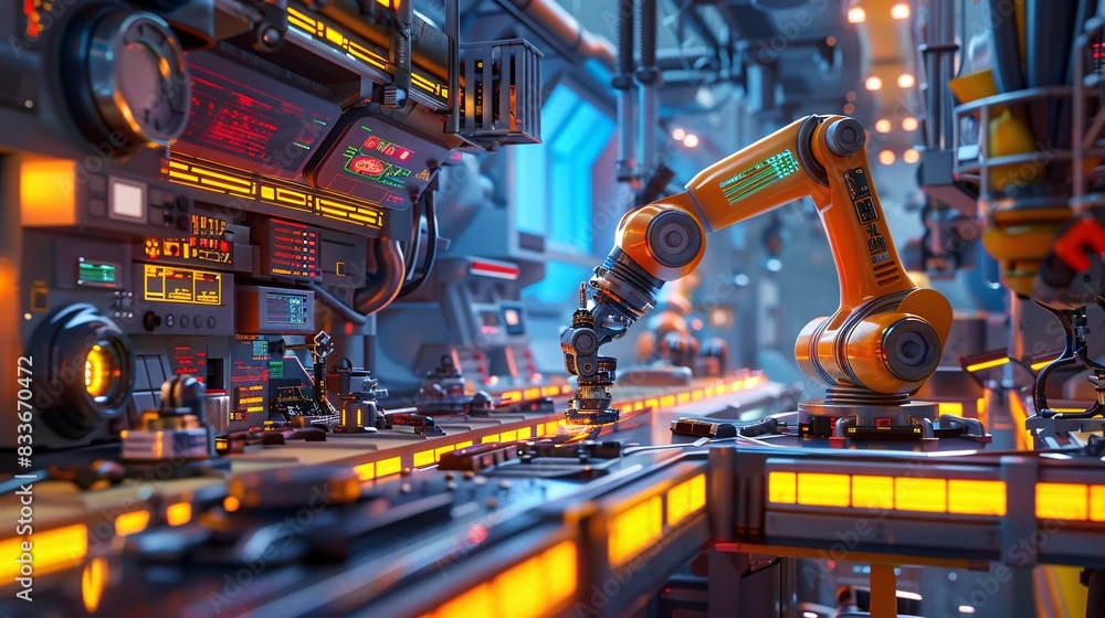 A vibrant 3D rendering of an industrial worker operating a state-of-the-art robotic arm in a bustling factory. The scene is filled with colorful machinery, detailed control panels, and dynamic