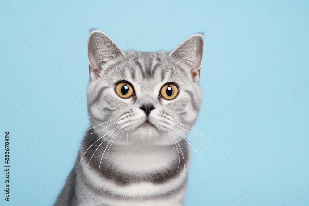 Portrait of a cute american shorthair cat over pastel blue background Portrait of a cute american shorthair cat over pastel blue background