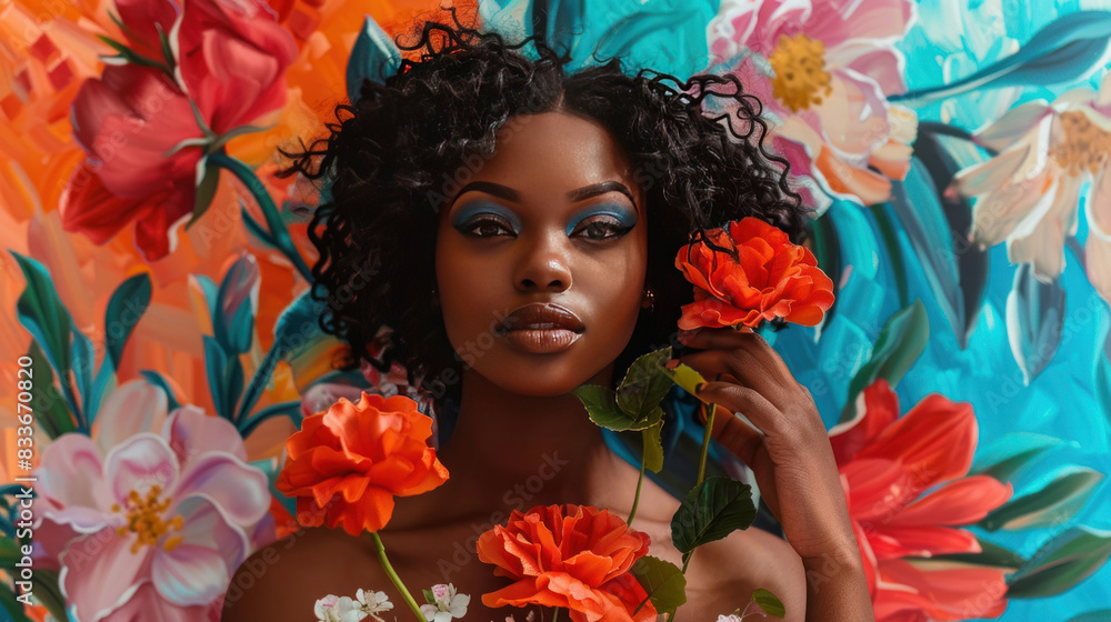 Empowering image of an African American woman with flowers in her hands, standing against a vibrant backdrop, perfect for BLM solidarity and awareness campaigns. Empowering image of an African American woman with flowers in her hands, standing against a vibrant backdrop, perfect for BLM solidarity and awareness campaigns.