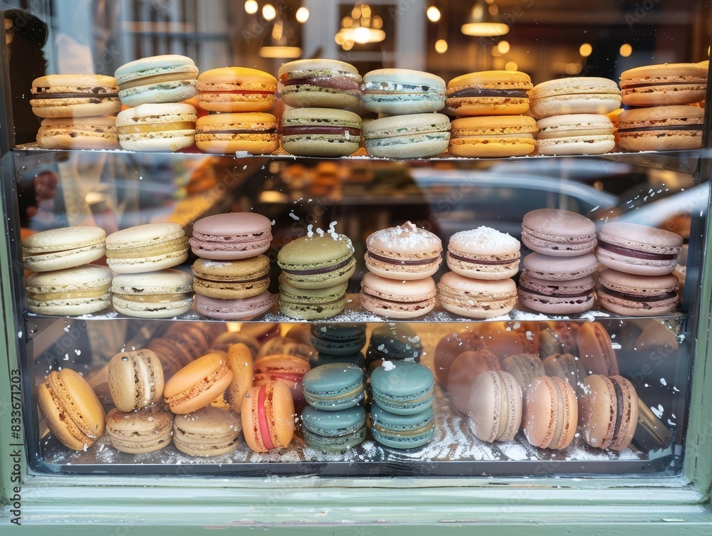 A bakery window with a variety of colorful macarons, ample copy space around the window A bakery window with a variety of colorful macarons, ample copy space around the window