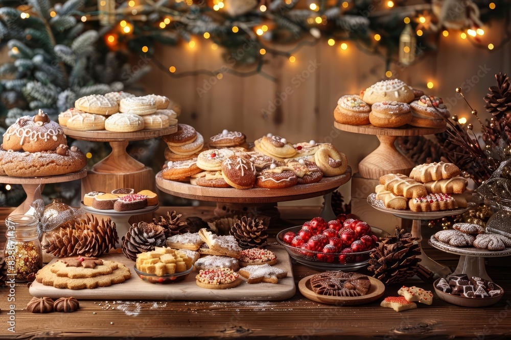 A festive setup with a variety of cookies and decorations, ample copy space above the table A festive setup with a variety of cookies and decorations, ample copy space above the table
