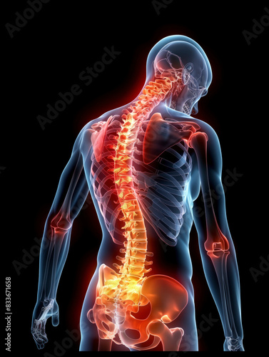 A detailed medical illustration with a focus on the human spine, displaying the skeletal and nervous system in high contrast