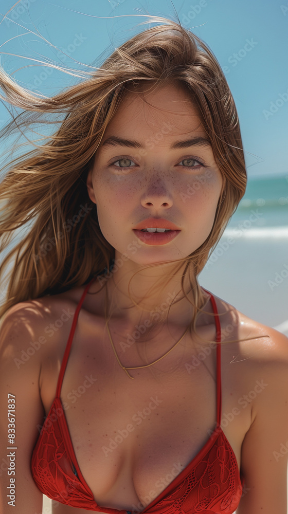 blond model standing next to ocean and posing in red bikini; portrait of 20s woman on the beach; girl looking directly into camera; long blonde hairs blowed by the wind; summer beach look close up blond model standing next to ocean and posing in red bikini; portrait of 20s woman on the beach; girl looking directly into camera; long blonde hairs blowed by the wind; summer beach look close up