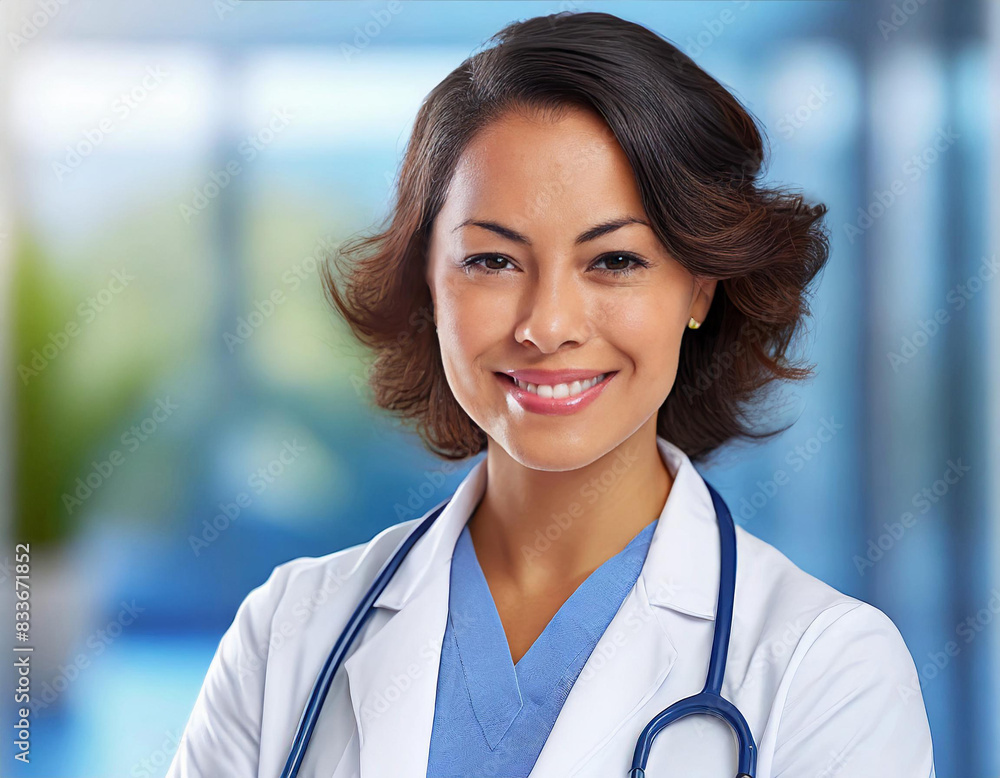 Vista frontal de plano medio de una joven doctora morena vestida con un traje médico mirando la cámara sonriente. Vista de frente y de cerca. Copy space. AI Generativa Vista frontal de plano medio de una joven doctora morena vestida con un traje médico mirando la cámara sonriente. Vista de frente y de cerca. Copy space. AI Generativa