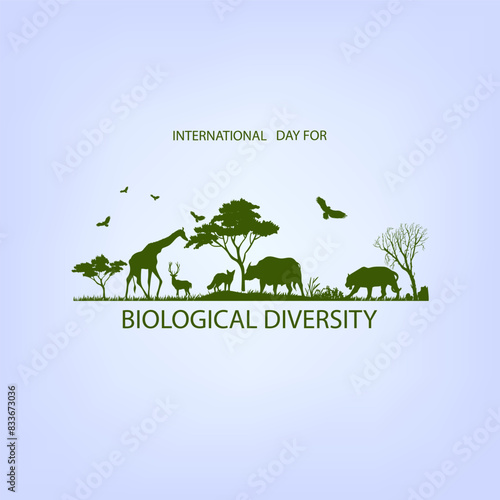 International Day for Biological Diversity creative theme vector design. Plants, animal silhouettes on background..