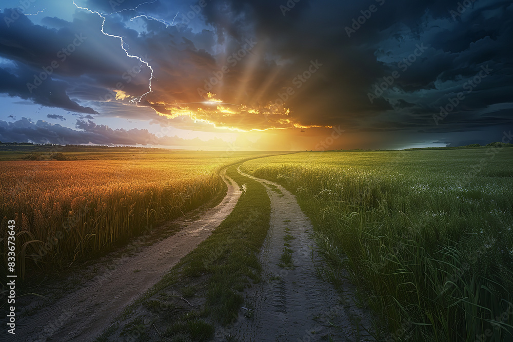 Serene Landscape with Path Dividing into Sunlight and Storm  