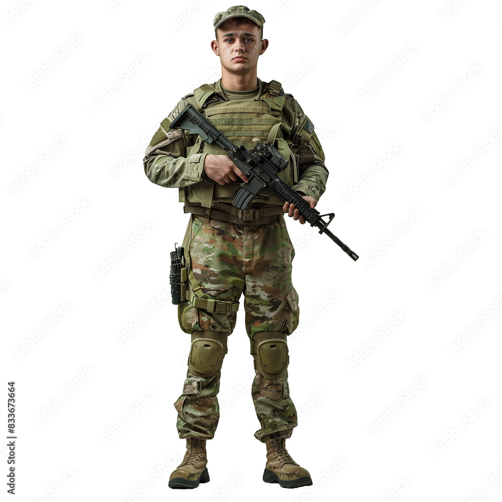 marine infantry, commando soldier in full protective ammunition, standing with service rifle equipped grenade launcher. isolated on white background. AI Generative marine infantry, commando soldier in full protective ammunition, standing with service rifle equipped grenade launcher. isolated on white background. AI Generative