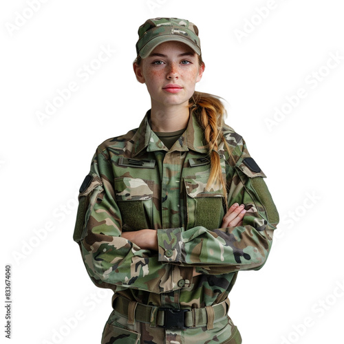 Gorgeous lady holds a plastic rifle while wearing a military Army uniform on a white transparent background