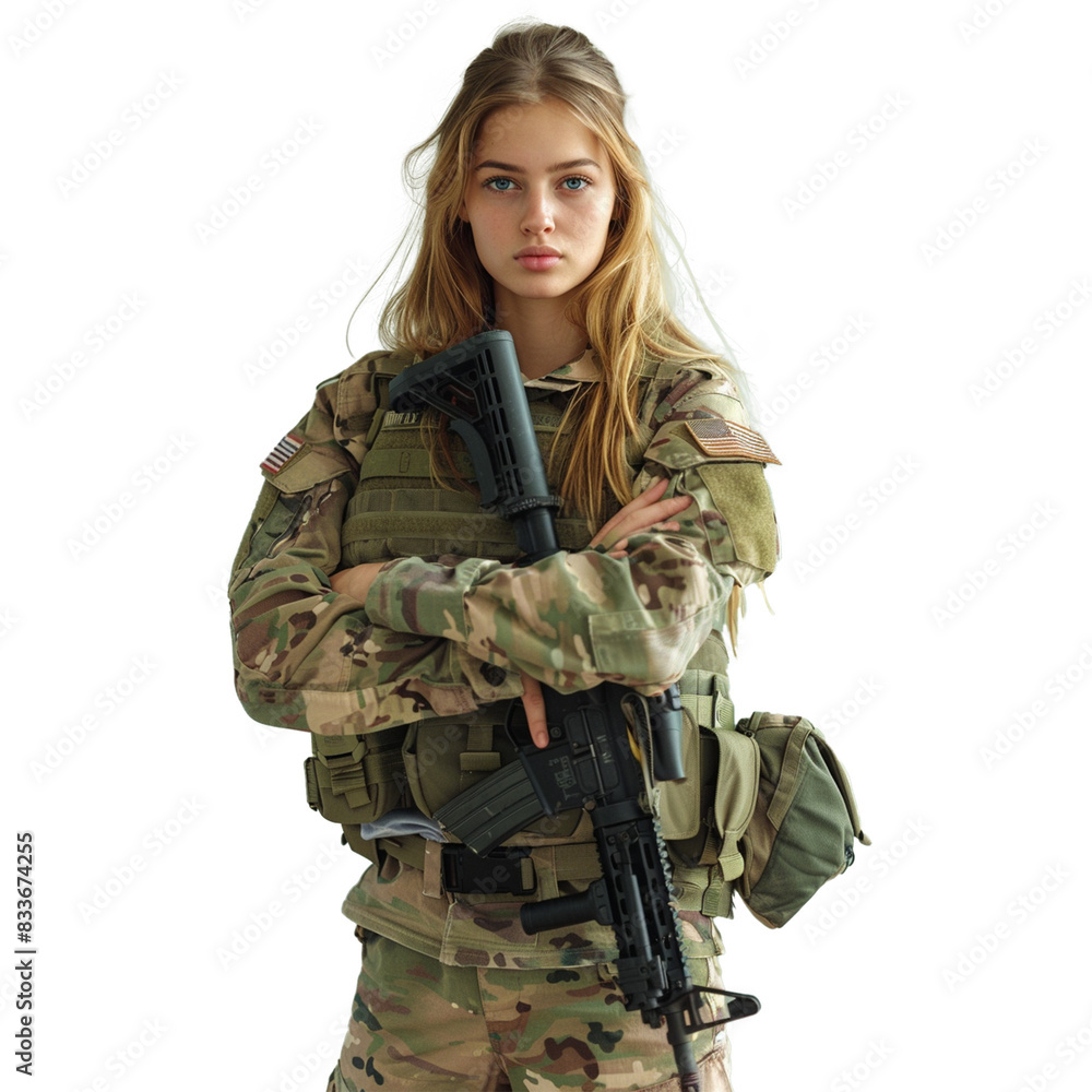 Gorgeous lady holds a plastic rifle while wearing a military Army uniform on a white transparent background Gorgeous lady holds a plastic rifle while wearing a military Army uniform on a white transparent background