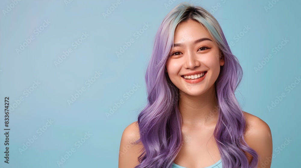 Smiling Asian Woman with Purple Wavy Hair on Pastel Background Smiling Asian Woman with Purple Wavy Hair on Pastel Background