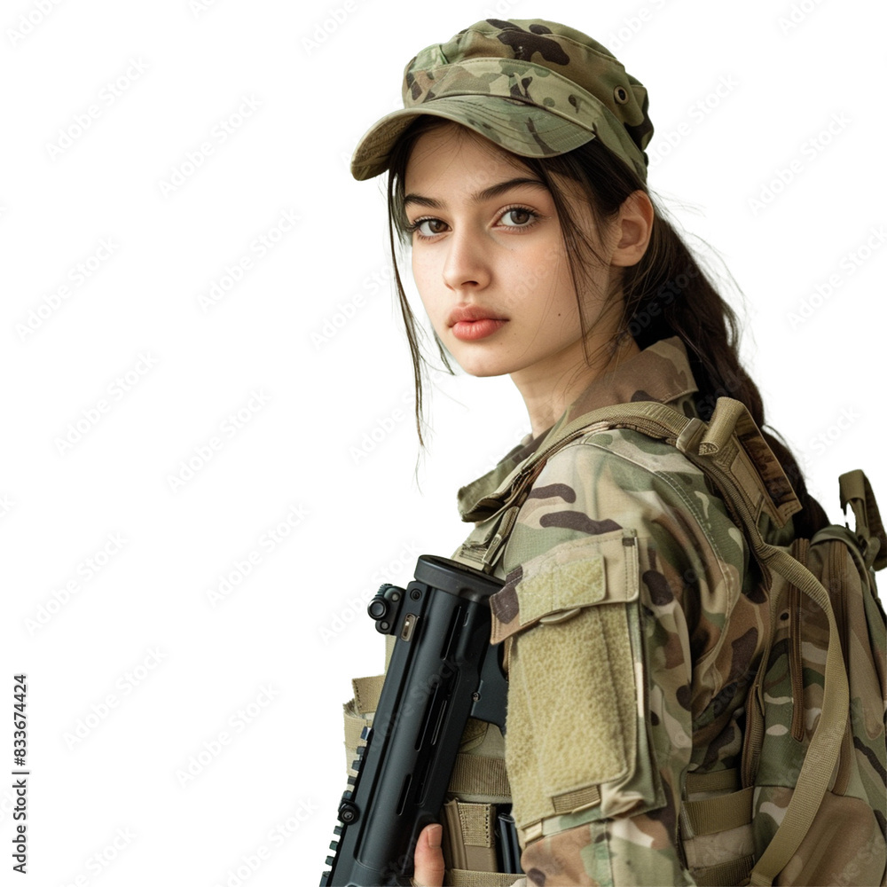 Gorgeous lady holds a plastic rifle while wearing a military Army uniform on a white transparent background Gorgeous lady holds a plastic rifle while wearing a military Army uniform on a white transparent background
