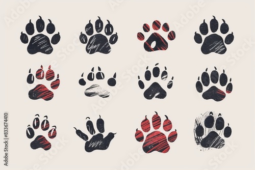 Paw footprint icon, animal foot print, dog graffiti spray step, wolf trail, bear trace silhouette, paw footprint