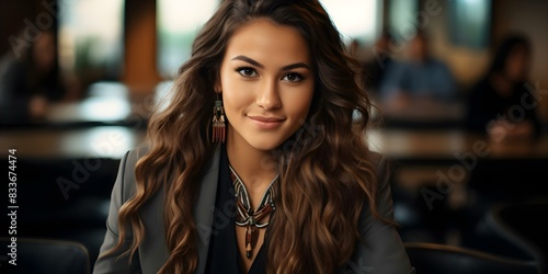 Smiling Native American businesswoman in modern office wearing professional attire. Concept Business Attire, Authentic Representation, Office Setting, Native American, Smiling Portrait