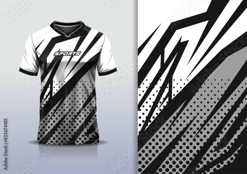 Sport jersey design template mockup stripe line racing polka dots for football soccer, running, esports, black white color	